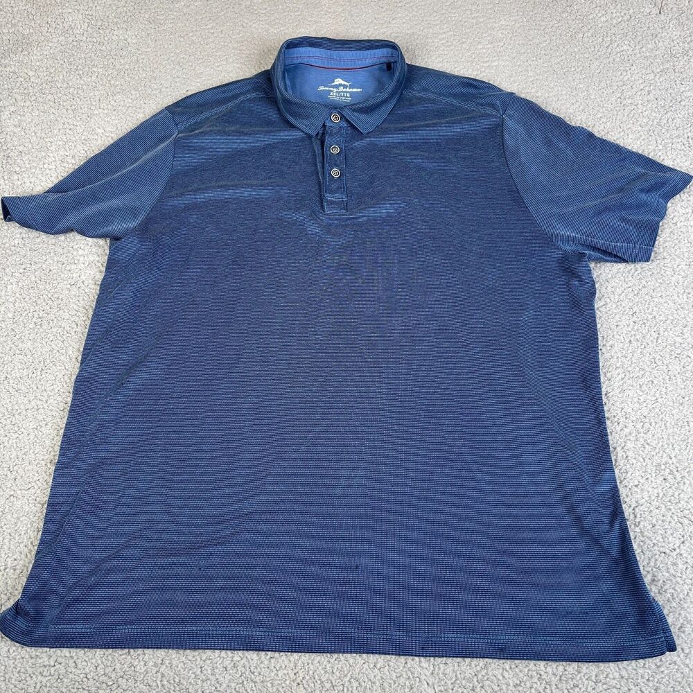 TOMMY BAHAMA Polo Shirt Mens 2XL Blue Knit Short Sleeve Shiny Logo Marlin